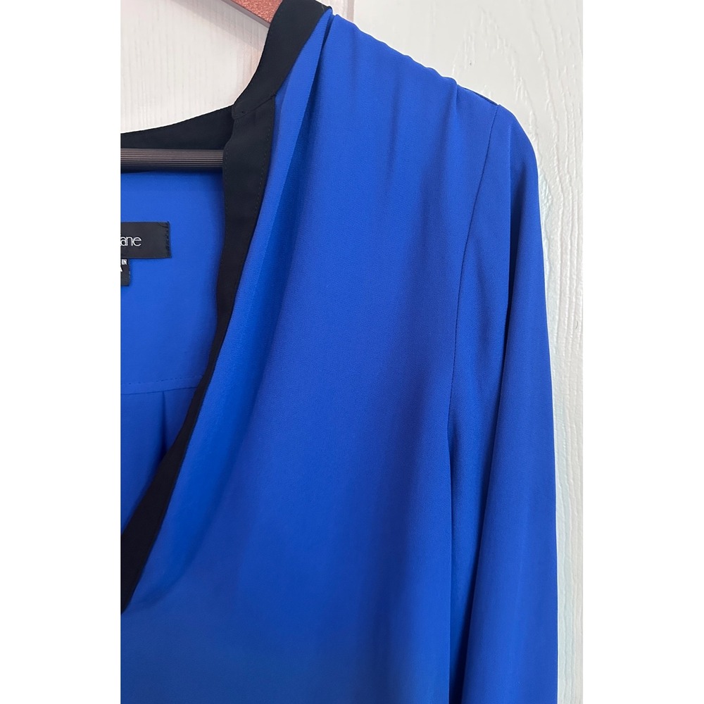 Karen Kane Blouse S Cobalt Blue Black Trim V Neck Long Sleeve Made USA Workwear - Picture 4 of 7